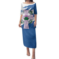 Scotland Celtic Cross Family Matching Puletasi and Hawaiian Shirt Thistle Flowers - Wonder Print Shop