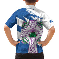 Scotland Celtic Cross Family Matching Short Sleeve Bodycon Dress and Hawaiian Shirt Thistle Flowers - Wonder Print Shop