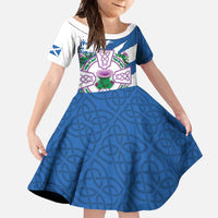 Scotland Celtic Cross Family Matching Short Sleeve Bodycon Dress and Hawaiian Shirt Thistle Flowers - Wonder Print Shop