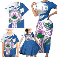 Scotland Celtic Cross Family Matching Short Sleeve Bodycon Dress and Hawaiian Shirt Thistle Flowers - Wonder Print Shop