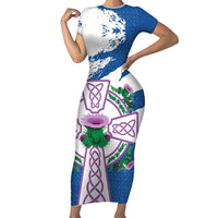 Scotland Celtic Cross Family Matching Short Sleeve Bodycon Dress and Hawaiian Shirt Thistle Flowers - Wonder Print Shop