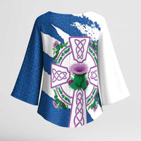 Scotland Celtic Cross Kimono Sleeve Blouse Thistle Flowers - Wonder Print Shop