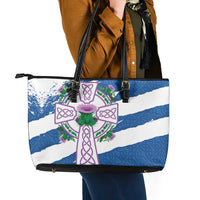 Scotland Celtic Cross Leather Tote Bag Thistle Flowers - Wonder Print Shop
