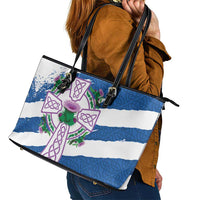 Scotland Celtic Cross Leather Tote Bag Thistle Flowers - Wonder Print Shop