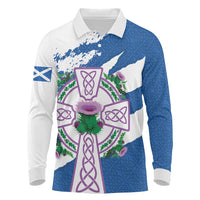 Scotland Celtic Cross Long Sleeve Polo Shirt Thistle Flowers - Wonder Print Shop