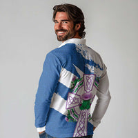 Scotland Celtic Cross Long Sleeve Polo Shirt Thistle Flowers - Wonder Print Shop