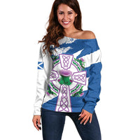 Scotland Celtic Cross Off Shoulder Sweater Thistle Flowers - Wonder Print Shop