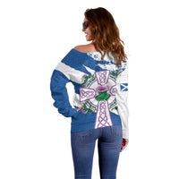 Scotland Celtic Cross Off Shoulder Sweater Thistle Flowers - Wonder Print Shop