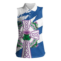 Scotland Celtic Cross Women Sleeveless Polo Shirt Thistle Flowers - Wonder Print Shop