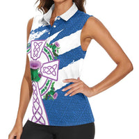 Scotland Celtic Cross Women Sleeveless Polo Shirt Thistle Flowers - Wonder Print Shop