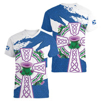 Scotland Celtic Cross Women V-Neck T-Shirt Thistle Flowers - Wonder Print Shop