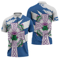 Scotland Celtic Cross Zipper Polo Shirt Thistle Flowers - Wonder Print Shop