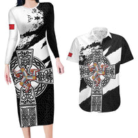 Isle of Man Celtic Cross Couples Matching Long Sleeve Bodycon Dress and Hawaiian Shirt Triskelion Emblem - Wonder Print Shop