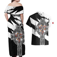 Isle of Man Celtic Cross Couples Matching Off Shoulder Maxi Dress and Hawaiian Shirt Triskelion Emblem - Wonder Print Shop