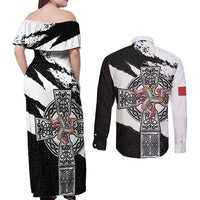 Isle of Man Celtic Cross Couples Matching Off Shoulder Maxi Dress and Long Sleeve Button Shirt Triskelion Emblem - Wonder Print Shop