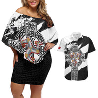 Isle of Man Celtic Cross Couples Matching Off Shoulder Short Dress and Hawaiian Shirt Triskelion Emblem - Wonder Print Shop