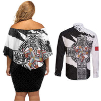 Isle of Man Celtic Cross Couples Matching Off Shoulder Short Dress and Long Sleeve Button Shirt Triskelion Emblem - Wonder Print Shop