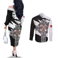 Isle of Man Celtic Cross Couples Matching Off The Shoulder Long Sleeve Dress and Long Sleeve Button Shirt Triskelion Emblem - Wonder Print Shop