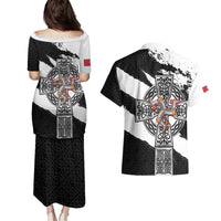 Isle of Man Celtic Cross Couples Matching Puletasi and Hawaiian Shirt Triskelion Emblem - Wonder Print Shop