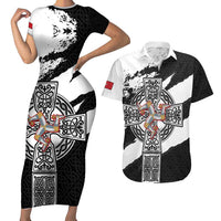 Isle of Man Celtic Cross Couples Matching Short Sleeve Bodycon Dress and Hawaiian Shirt Triskelion Emblem - Wonder Print Shop