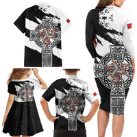 Isle of Man Celtic Cross Family Matching Long Sleeve Bodycon Dress and Hawaiian Shirt Triskelion Emblem - Wonder Print Shop