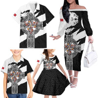 Isle of Man Celtic Cross Family Matching Off The Shoulder Long Sleeve Dress and Hawaiian Shirt Triskelion Emblem - Wonder Print Shop