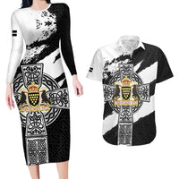 Cornwall Celtic Cross Couples Matching Long Sleeve Bodycon Dress and Hawaiian Shirt Coat Of Arms - Wonder Print Shop