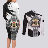 Cornwall Celtic Cross Couples Matching Long Sleeve Bodycon Dress and Long Sleeve Button Shirt Coat Of Arms - Wonder Print Shop