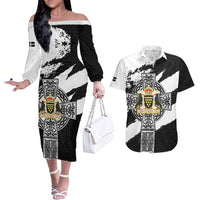 Cornwall Celtic Cross Couples Matching Off The Shoulder Long Sleeve Dress and Hawaiian Shirt Coat Of Arms - Wonder Print Shop