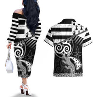 Brittany Ermine Celtic Couples Matching Off The Shoulder Long Sleeve Dress and Hawaiian Shirt Black Celtic Triskels - Wonder Print Shop