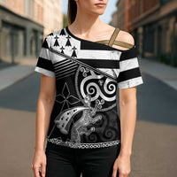Brittany Ermine Celtic Cross Shoulder Shirt Black Celtic Triskels - Wonder Print Shop