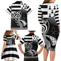 Brittany Ermine Celtic Family Matching Long Sleeve Bodycon Dress and Hawaiian Shirt Black Celtic Triskels - Wonder Print Shop