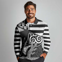 Brittany Ermine Celtic Long Sleeve Polo Shirt Black Celtic Triskels - Wonder Print Shop