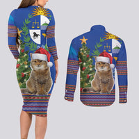 Uruguay Christmas Couples Matching Long Sleeve Bodycon Dress and Long Sleeve Button Shirt Pampas Cat With Folk Pattern - Wonder Print Shop