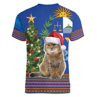 Uruguay Christmas Women V-Neck T-Shirt Pampas Cat With Folk Pattern - Wonder Print Shop