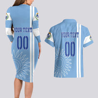 Custom Uruguay Football Couples Matching Long Sleeve Bodycon Dress and Hawaiian Shirt Sun of May The Sky Blue - Wonder Print Shop