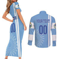 Custom Uruguay Football Couples Matching Short Sleeve Bodycon Dress and Long Sleeve Button Shirt Sun of May The Sky Blue - Wonder Print Shop