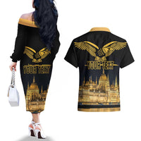 Personalized Hungary Budapest Capital Couples Matching Off The Shoulder Long Sleeve Dress and Hawaiian Shirt Hungarian Turul Bird - Wonder Print Shop