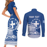 Personalized Greece Athena Goddess Couples Matching Short Sleeve Bodycon Dress and Long Sleeve Button Shirt Parthenon Greek Key Patterns