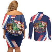America 250th Anniversary Couples Matching Off Shoulder Short Dress and Long Sleeve Button Shirt USA 1776-2026 Patriotic Eagle