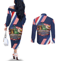 America 250th Anniversary Couples Matching Off The Shoulder Long Sleeve Dress and Long Sleeve Button Shirt USA 1776-2026 Patriotic Eagle