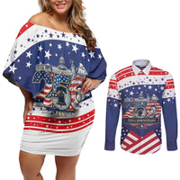 USA 250 Years of Freedom Couples Matching Off Shoulder Short Dress and Long Sleeve Button Shirt All American Pride
