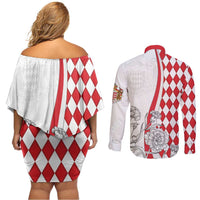 Monaco Deo Juvante Couples Matching Off Shoulder Short Dress and Long Sleeve Button Shirt Lozenge Flag Style