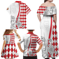 Monaco Deo Juvante Family Matching Off Shoulder Maxi Dress and Hawaiian Shirt Lozenge Flag Style
