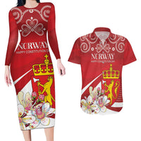 Personalized Norway Constitution Day Couples Matching Long Sleeve Bodycon Dress and Hawaiian Shirt Norwegian Lion Pyramidal Saxifrage
