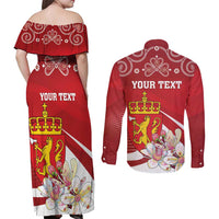 Personalized Norway Constitution Day Couples Matching Off Shoulder Maxi Dress and Long Sleeve Button Shirt Norwegian Lion Pyramidal Saxifrage