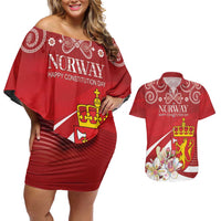 Personalized Norway Constitution Day Couples Matching Off Shoulder Short Dress and Hawaiian Shirt Norwegian Lion Pyramidal Saxifrage