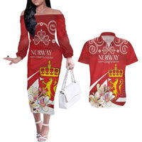 Personalized Norway Constitution Day Couples Matching Off The Shoulder Long Sleeve Dress and Hawaiian Shirt Norwegian Lion Pyramidal Saxifrage