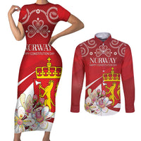 Personalized Norway Constitution Day Couples Matching Short Sleeve Bodycon Dress and Long Sleeve Button Shirt Norwegian Lion Pyramidal Saxifrage
