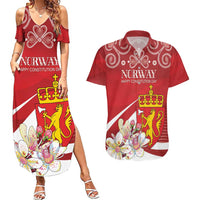 Personalized Norway Constitution Day Couples Matching Summer Maxi Dress and Hawaiian Shirt Norwegian Lion Pyramidal Saxifrage